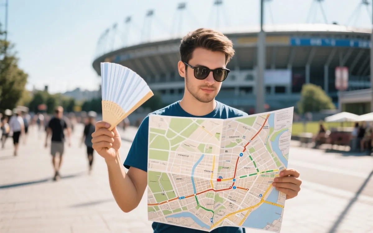 球迷手持地图规划阴影路线与补给点的场景示意