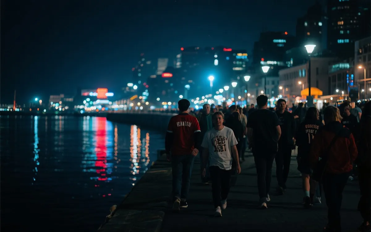 夜晚赛后人群散步回程的城市氛围