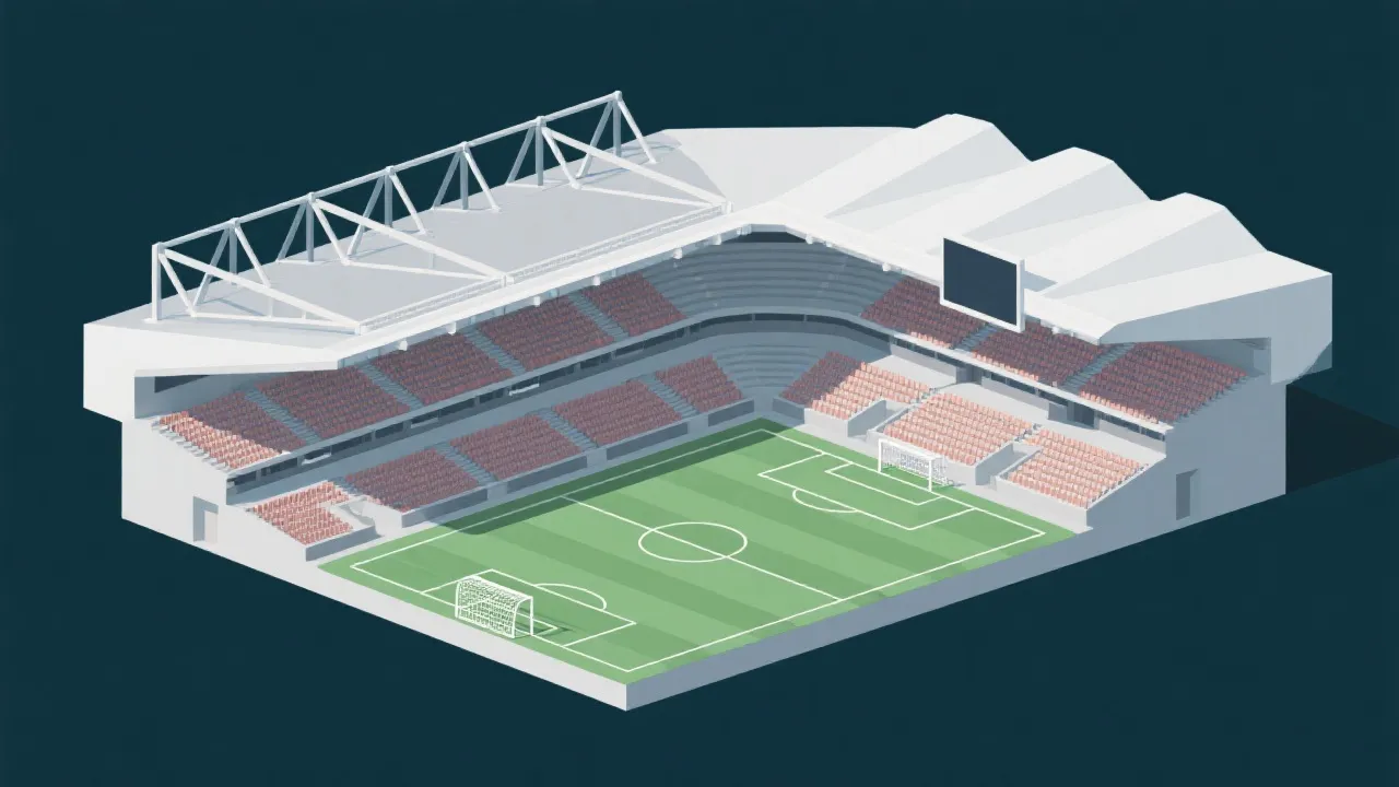 球场剖面示意：屋檐、上层看台与声场反射的氛围感