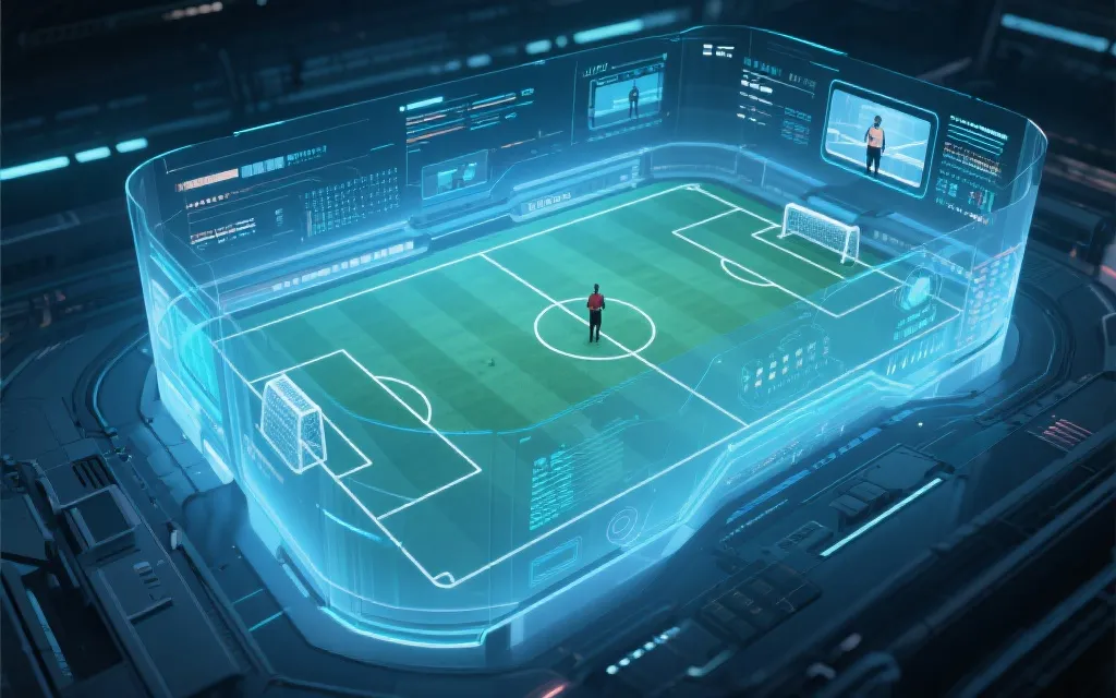 未来感足球场数据叠加与VAR判罚界面概念图